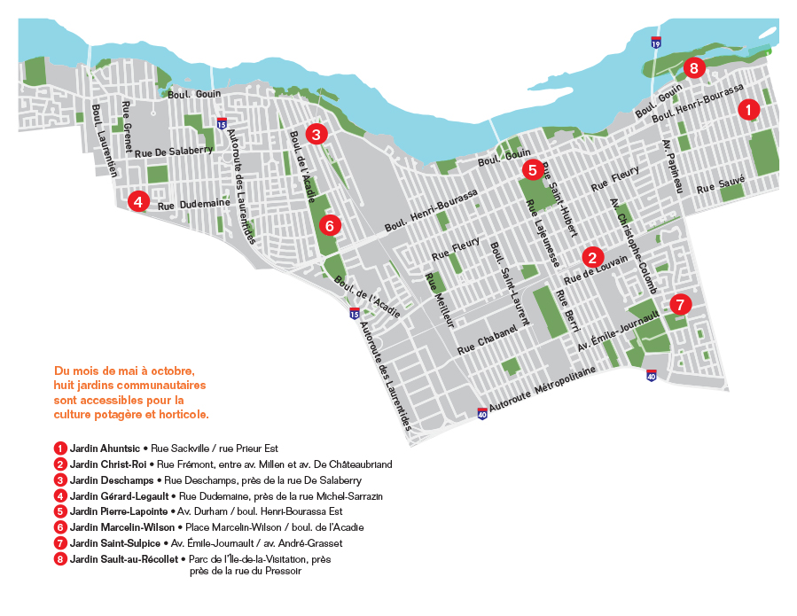  carte de l'emplacement des 8 jardins communautaires d'Ahuntsic-Cartierville avec leur nom et adresse